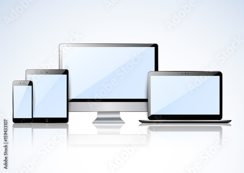 Set of realistic computer monitors, laptops, tablets and mobile phones. Electronic gadgets isolated on transparent background.