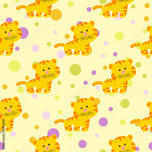 Drawing of a seamless pattern with cute african tiger in cartoon style and multicolored circles on a yellow background