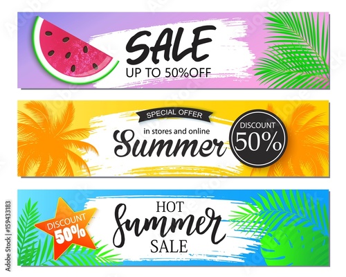 Summer sale banner with palm leaves, watermelon.