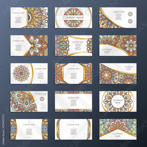 Banners or visit cards with mandala decoration on them. Arabic or indian oriental design. Vector collection set