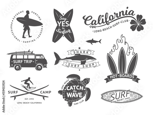 Surf boards emblem and badges vector set. Signs and elements for summer labels design