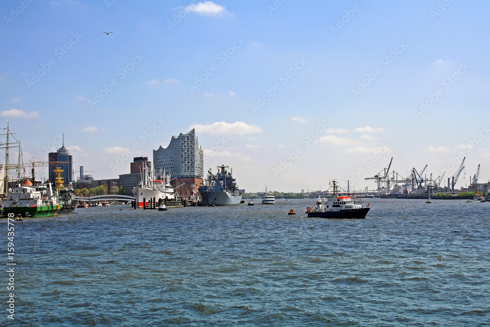 Hamburg port view with new Elbphilharmonie building