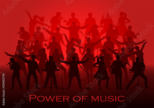 Power of music concept. Set of silhouettes of musicians, singers and dancers. Vector illustration