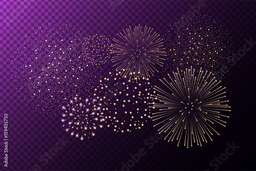 Fireworks isolated on purple transparent background. Independence day concept. Festive and holidays background. Vector illustration
