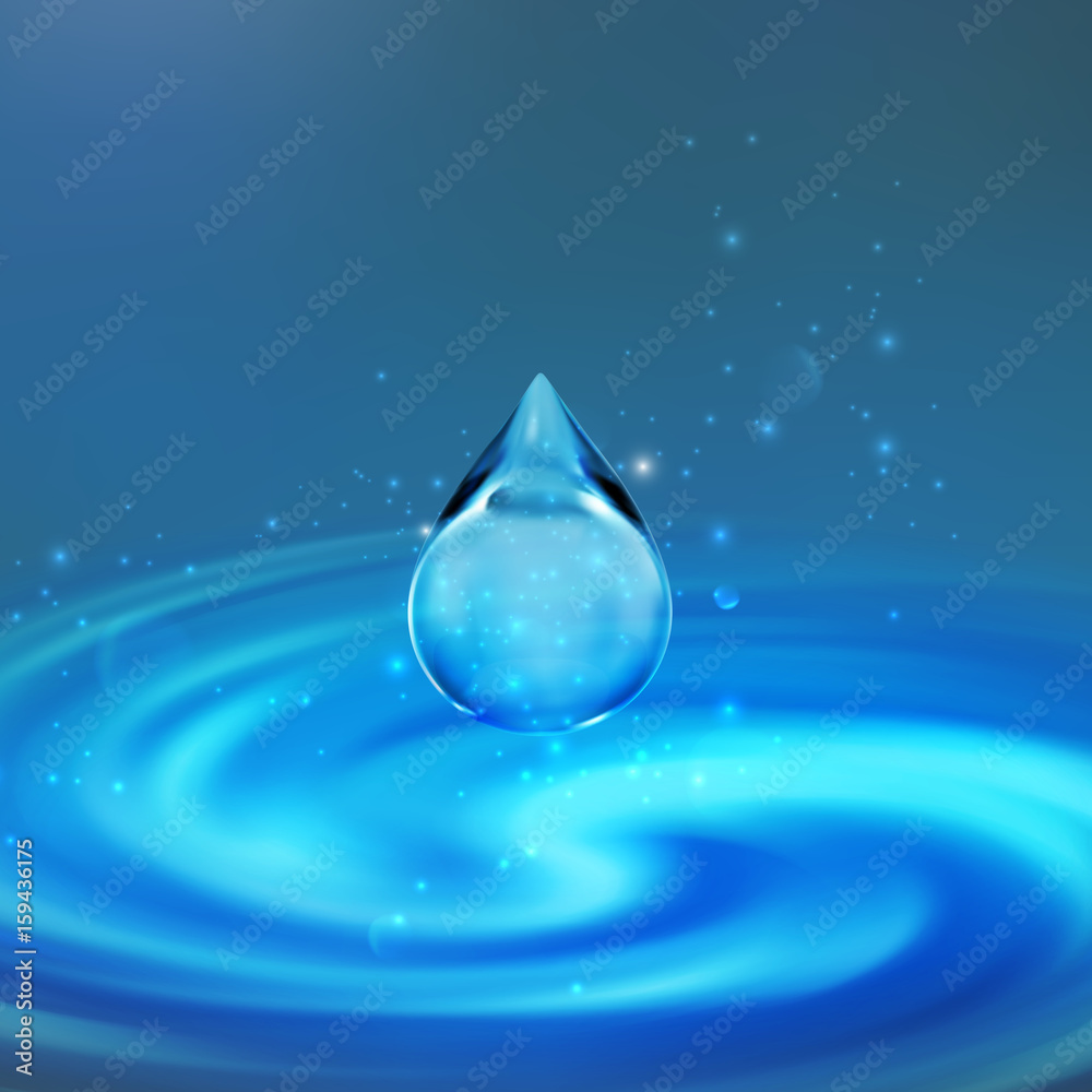 Transparent water droplet. Vector illustration. Falling water drop with sparkles and whirlpool background Transparent water droplet. Vector illustration. Falling water drop with sparkles and whirlpool background