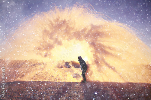 frost effect hot water freezes man pours boiling water