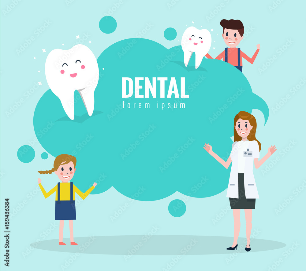 Doctor teaching about healthy teeth. Text bubble. flat character design. vector illustration Doctor teaching about healthy teeth. Text bubble. flat character design. vector illustration