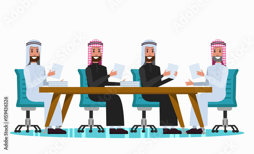 Arab people talking in meeting room. flat character design. vector illustration