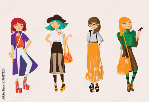 Lovely set young hipster girls drawn in casual street clothes in bright colors. Collection with 4 different characters with glasses, various hairstyle and accessories. Vector hand drawn illustration