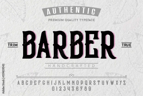 Font. Alphabet. Script. Typeface. Label.Barber typeface. For labels and different type designs