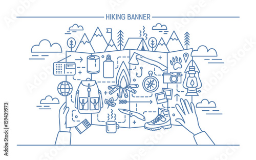 Concept of hiking, backpacking, active vacation, travel. Horizontal banner with tourist accessories and bonfire, tent, mountain. Contour vector illustration in lineart style.