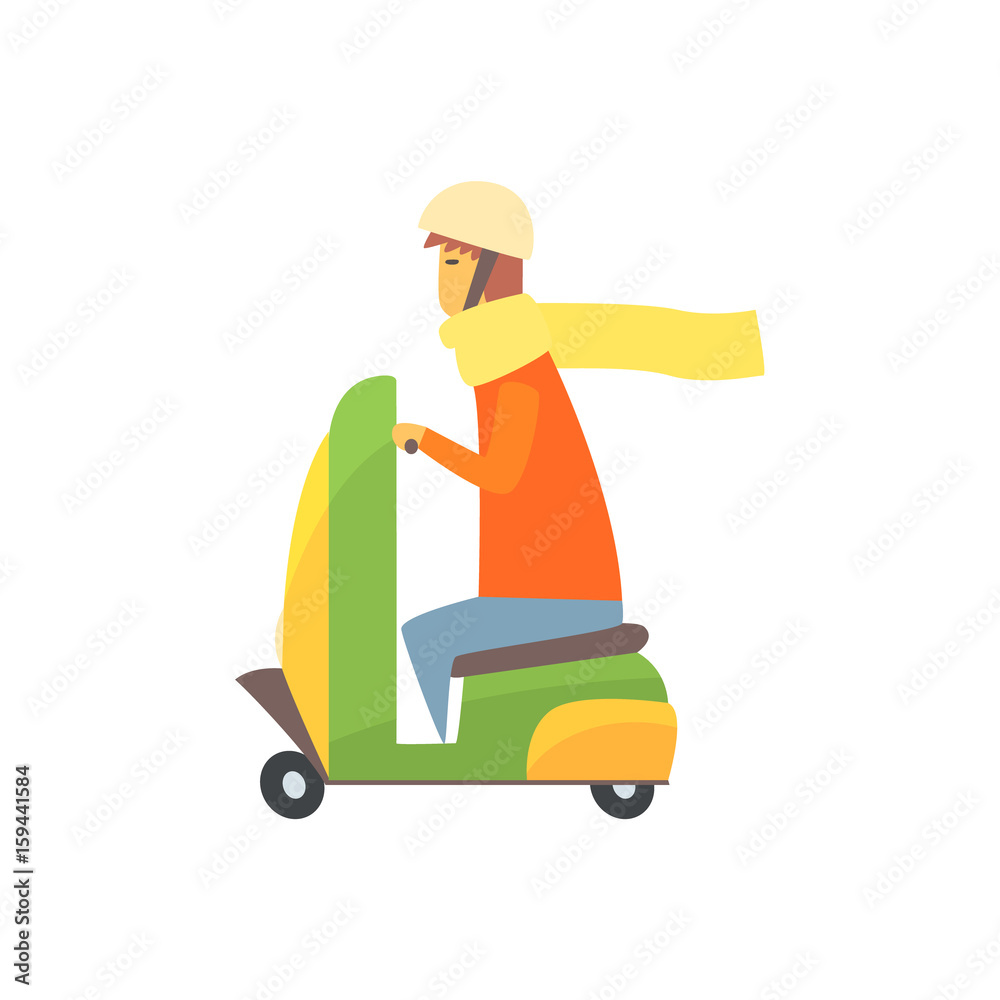 Young man riding scooter cartoon vector Illustration