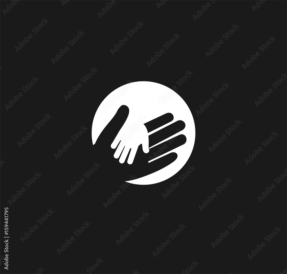 Holding Hand of a child in the hand of an adult vector logo. World Father Day. Symbol of care, kindness, family, children, parents. Light lantern ray hand shadow negative space.