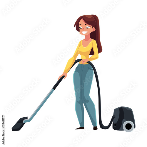Pretty young woman, housewife cleaning house with vacuum cleaner, cartoon vector illustration isolated on white background. Full length portrait of woman, girl with vacuum cleaner doing housework