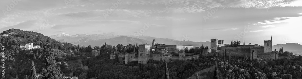 XXL Black and White landscape of Generalife and Alhambra with Sierra Nevada, Granada, Spain