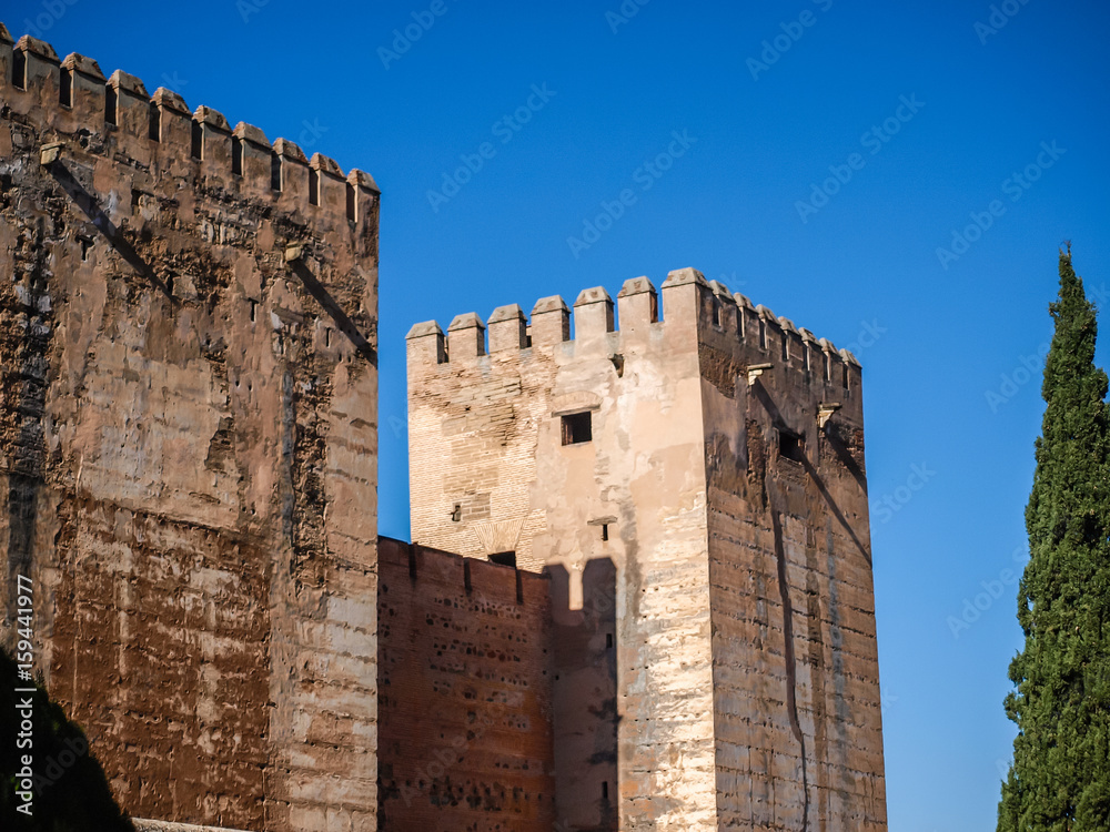 Detail of a tower of Alhambra, Granada, Spain