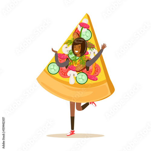 Smiling woman wearing pizza costume, fast food snack character vector Illustration