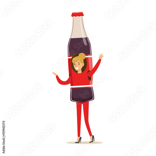 Cheerful woman wearing soda drink bottle costume, puppets food vector Illustration photo