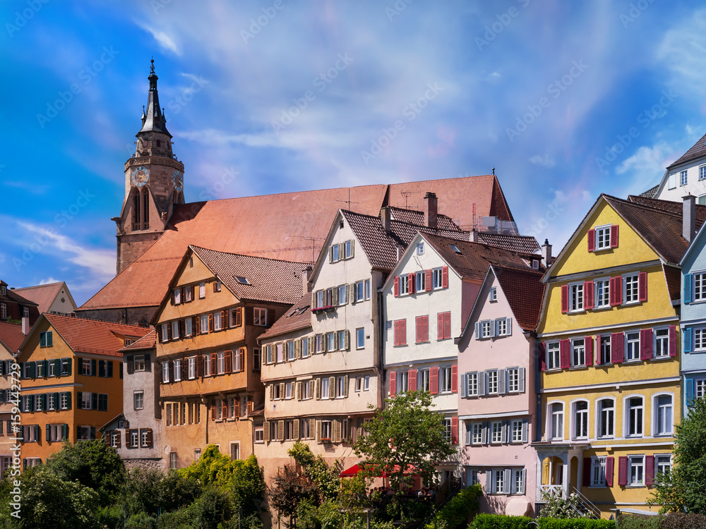 Neckarfront im Sonnenschein, Tübingen am Neckar, Schwarzwald 