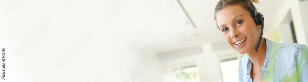 Customer service operator talking on phone in office, template Customer service operator talking on phone in office, template