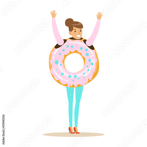 Smiling woman wearing donut costume, fast food snack character vector Illustration photo