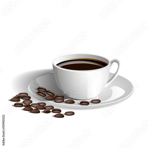 Realistic picture of coffee Cup and coffee beans isolated on white background.
