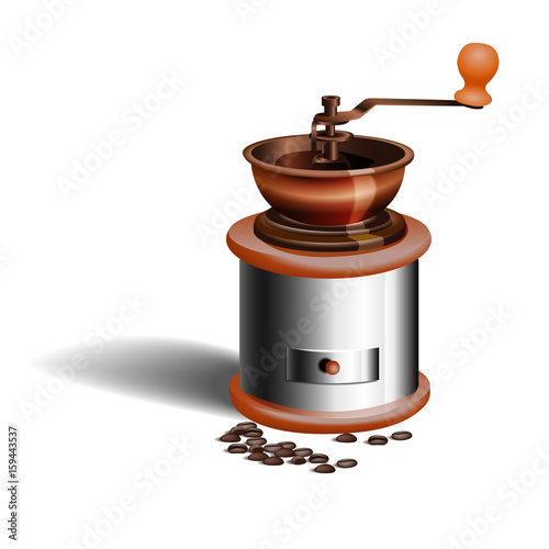 A realistic picture of the grinder and coffee beans isolated on white background.