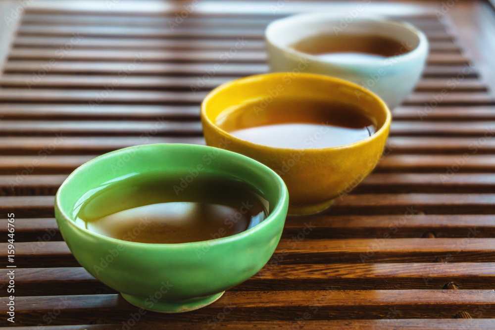 Chinese tea cups on wooden tea table for tea ceremony background Chinese tea cups on wooden tea table for tea ceremony background