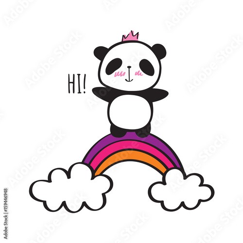 Fototapeta Naklejka Na Ścianę i Meble -  Cute panda with crown and rainbow. Hand drawn illustration for your design. Doodles, sketch. Vector