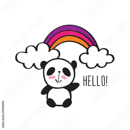 Fototapeta Naklejka Na Ścianę i Meble -  Small card with cute panda and rainbow. Hand drawn illustration for your design. Doodles, sketch. Vector.