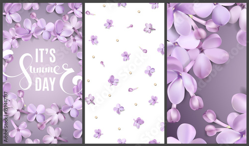 Pastel background set with lilac flowers.