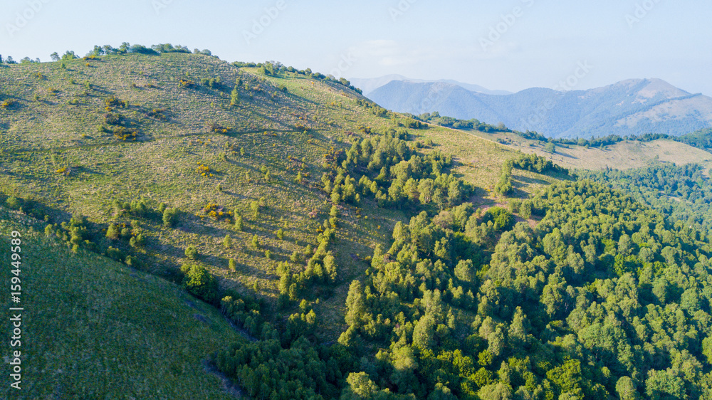 Vista aerea di un sentiero che porta sul Monte Boletto, Alpi, nei pressi del lago di Como. Como, Brunate, Lombardia, Italia

