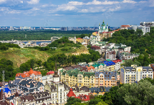 Vozdvizhenka aerial panoramic view, historical part of podil in Kiev, Ukraine. View of the Andriivska Cherch photo