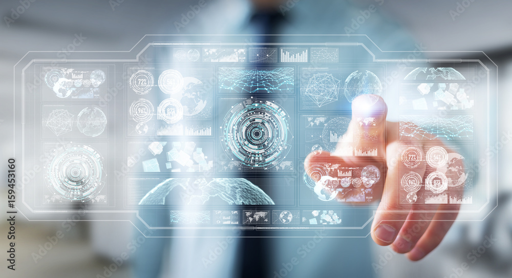 Businessman using digital screens with holograms datas 3D rendering Businessman using digital screens with holograms datas 3D rendering