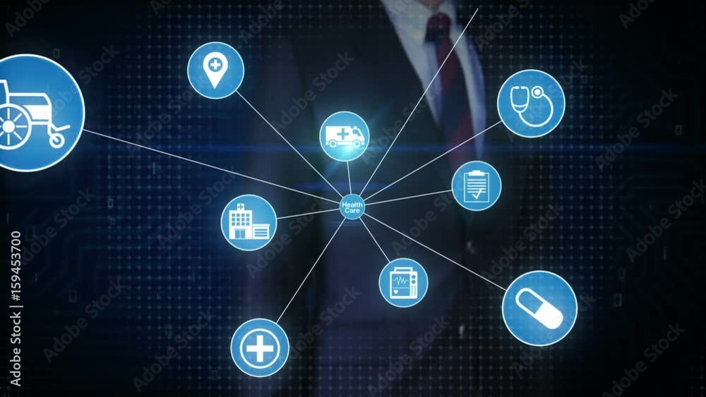 Businessman touching screen, Various Health care technology icon connect global world map, dots makes world map. internet of things. Businessman touching screen, Various Health care technology icon connect global world map, dots makes world map. internet of things.