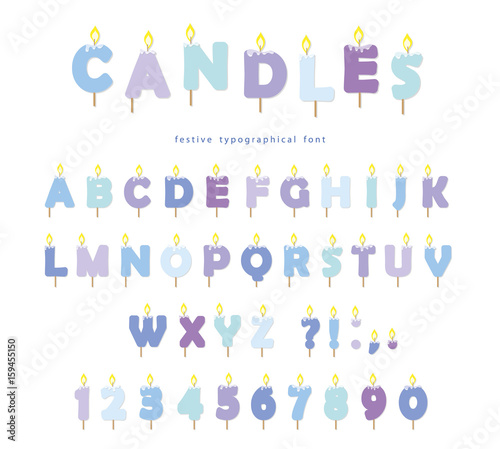 Birthday candles font design. ABC letters and numbers in pastel blue isolated on white.