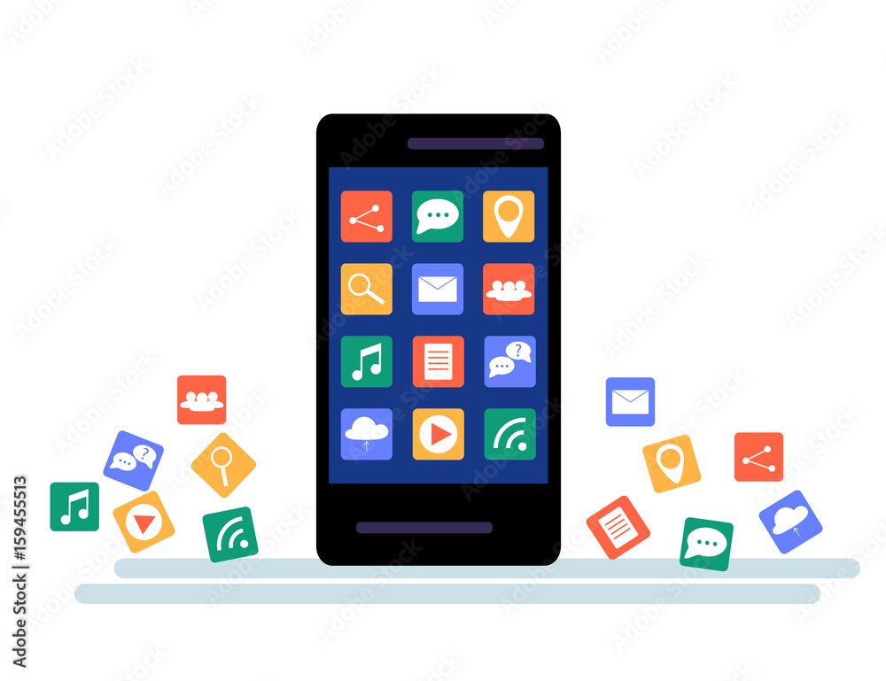 Black Smartphone with cloud of application icons and Apps icons flying around them, isolated on White background