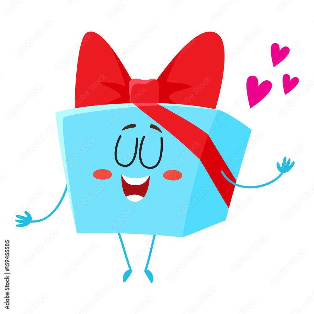 Birthday gift, present character with smiling human face in blue wrapping paper with red ribbon, cartoon vector illustration isolated on white background. Funny birthday gift present character, mascot