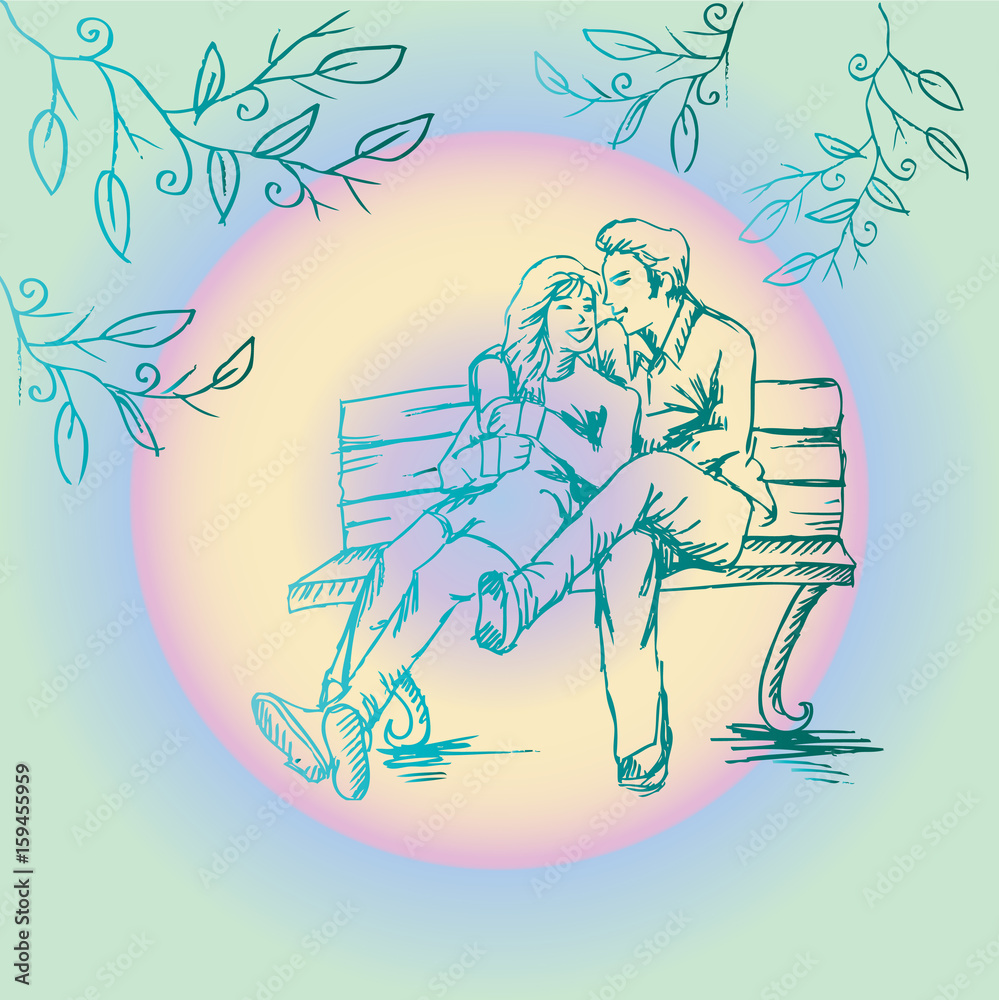 Romantic  couple on a bench in the park. Sketchy style.