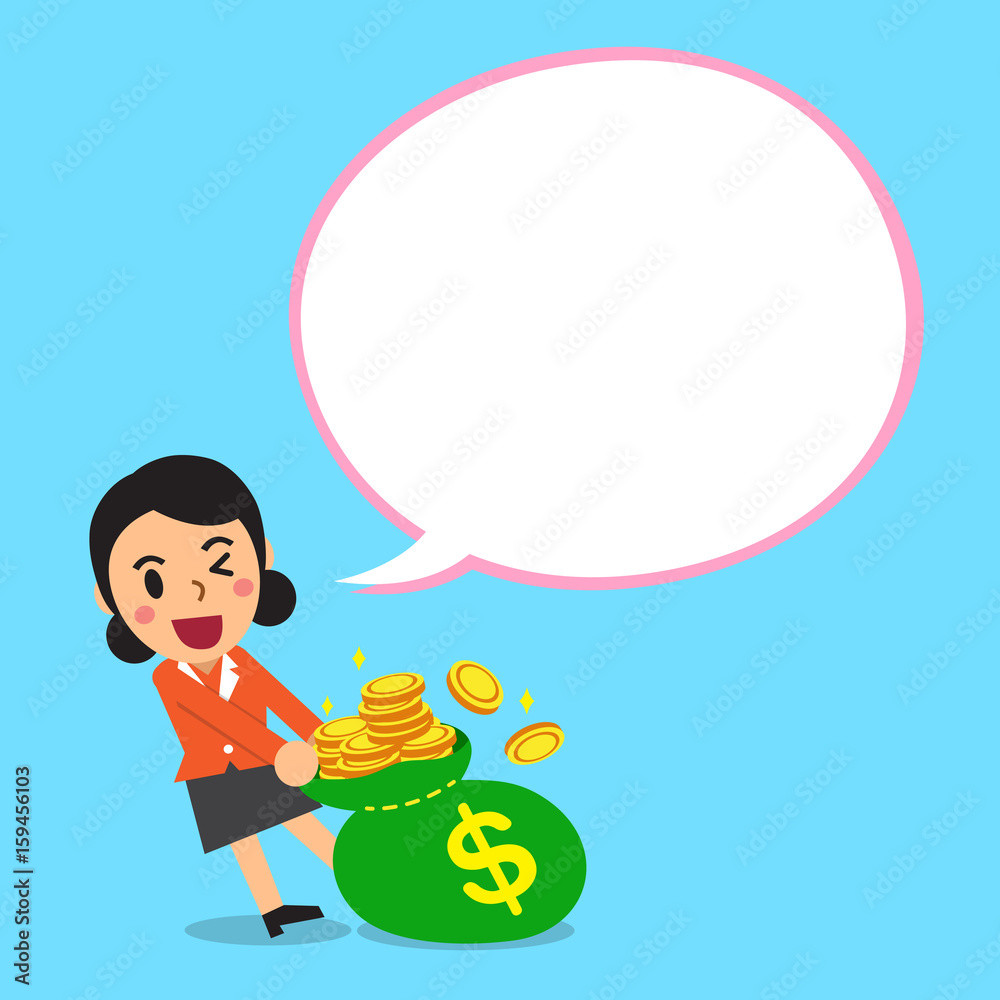 Cartoon businesswoman and big money bag with white speech bubble