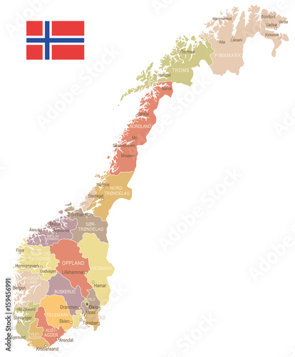 Canvas Print Norway - vintage map and flag - illustration