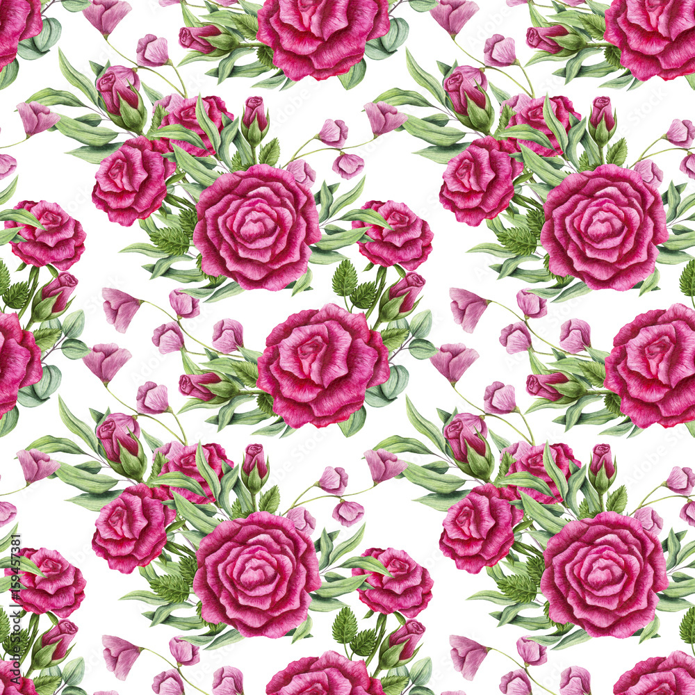 Seamless Pattern of Watercolor Bouquets with Pink Roses