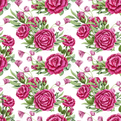 Seamless Pattern of Watercolor Bouquets with Pink Roses