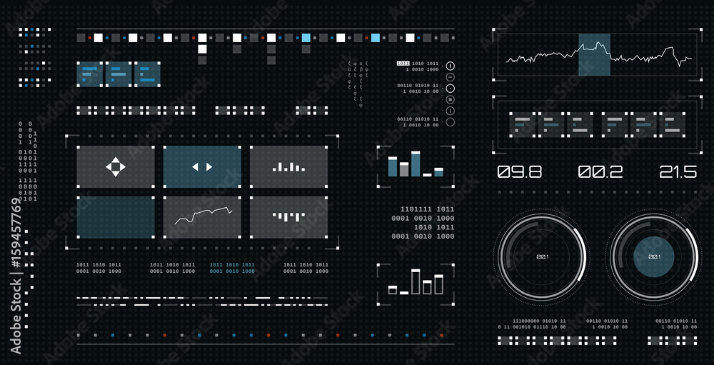 Futuristic user interface. Spaceship screen elements set. Infographic display. Dark color graphic touch screen.