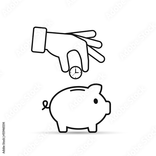 Businessman hand putting clock into piggy bank outline icon, vector time saving business concept