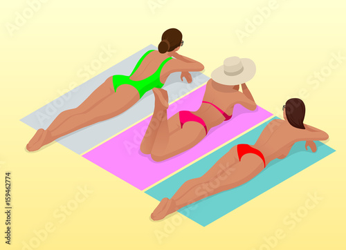 Beautiful young slim woman sunbathe on the beach on a sunbed near the sea, beach, summer vacation, sexy girl Isometric people vector illustration.
