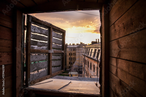 the window on the city roof with nice view