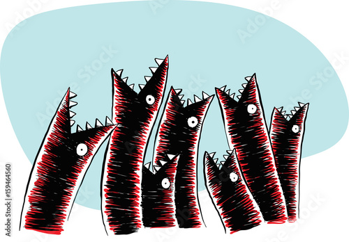 A cluster of hungry, cartoon eels with sharp teeth.