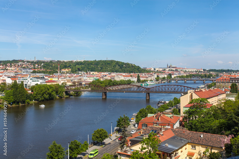 Prague view with bridges on Vltava river, Czech Republic. Architecture and landmark, postcard of Prague