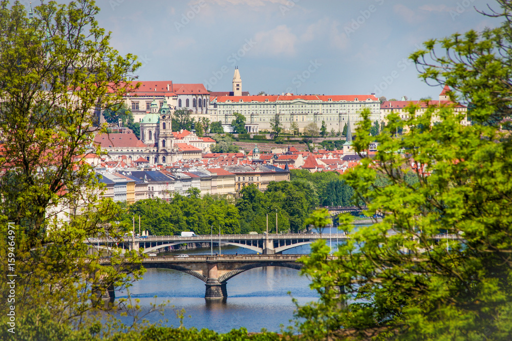 Famous Vltava river with bridges  in Prague, Czech Republic. Landmarks of Prague, postcard of Prague